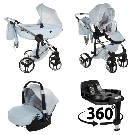 Junama Dolce Blue stroller in carrycot and seat configurations with matching car seat and 360-degree rotating ISOFIX base