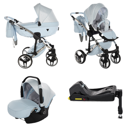 Junama Dolce Blue stroller in carrycot and seat configurations with matching car seat and ISOFIX base