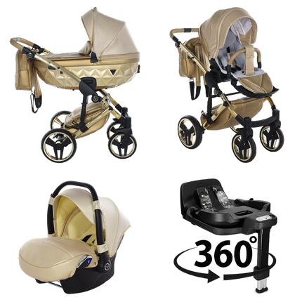 Junama Dolce Gold stroller in carrycot and seat configurations with matching car seat and 360-degree rotating ISOFIX base