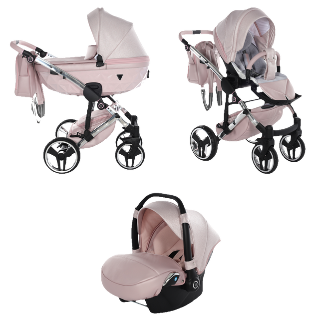 Junama Dolce Pink stroller in carrycot and seat configurations with matching car seat