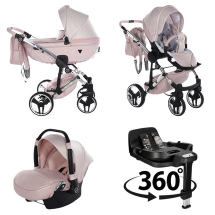 Junama Dolce Pink stroller in carrycot and seat configurations with matching car seat and 360-degree rotating ISOFIX base