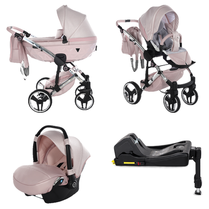 Junama Dolce Pink stroller in carrycot and seat configurations with matching car seat and ISOFIX base