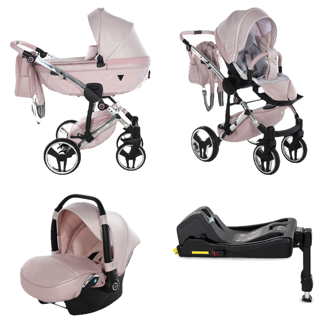 Junama Dolce Pink stroller in carrycot and seat configurations with matching car seat and ISOFIX base