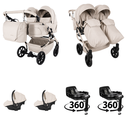 Junama Duo V4 (Beige): barnevogn; lift; sæde; 2 × autostol til spædbarn, i samme farve; ISOFIX-base (360°)