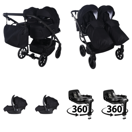 Junama Duo V4 (Sort): barnevogn; lift; sæde; 2 × autostol til spædbarn, i samme farve; ISOFIX-base (360°)