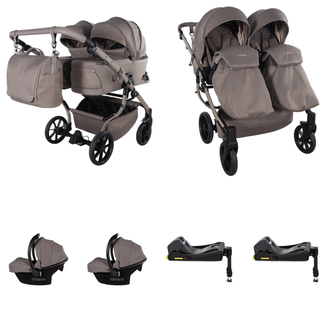 Junama Duo V4 Cappuccino double stroller in carrycot and seat configurations with two matching infant car seats and two ISOFIX bases