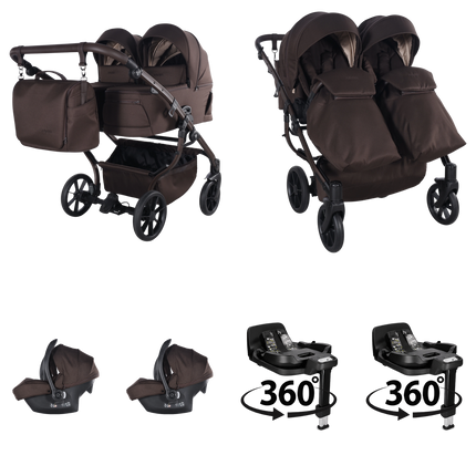 Junama Duo V4 (Chokolade): barnevogn; lift; sæde; 2 × autostol til spædbarn, i samme farve; ISOFIX-base (360°)