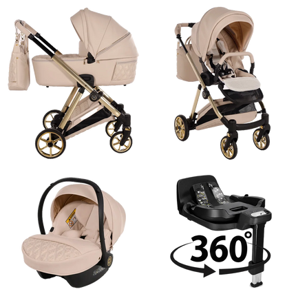 Junama Ellegante Art Deco (Bež): voziček; košara; sedež; otroški avtosedež, v ujemajoči se barvi; podstavek ISOFIX (360°)
