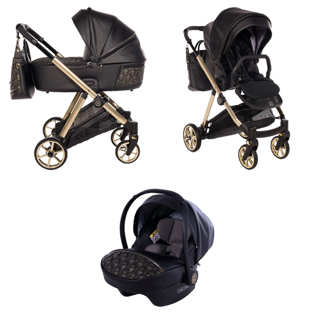 Junama Ellegante Art Deco Black stroller in carrycot and seat configurations with matching car seat