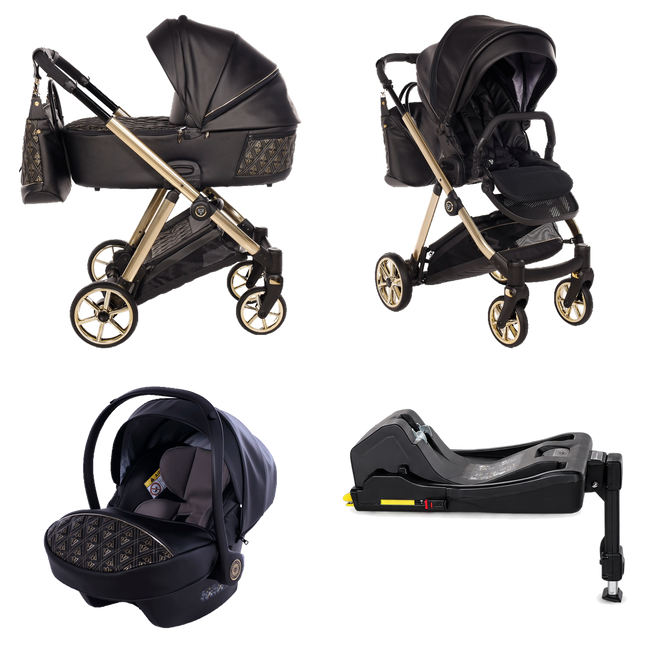 Junama Ellegante Art Deco Black stroller in carrycot and seat configurations with matching car seat and ISOFIX base