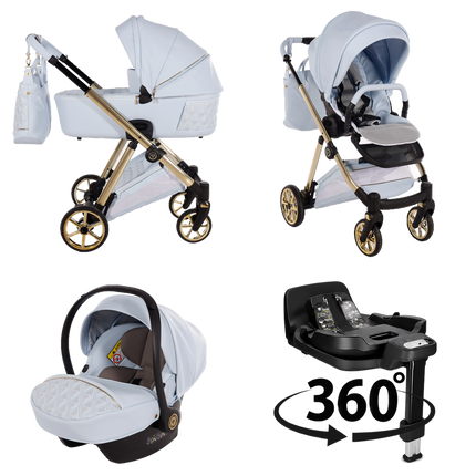 Junama Ellegante Art Deco (Modra): voziček; košara; sedež; otroški avtosedež, v ujemajoči se barvi; podstavek ISOFIX (360°)