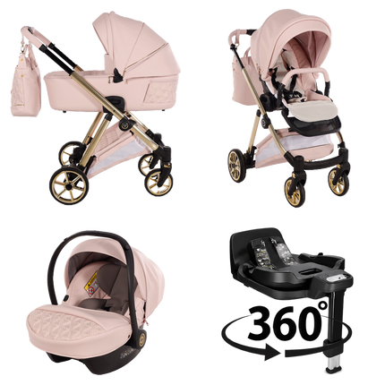 Junama Ellegante Art Deco (Roza): voziček; košara; sedež; otroški avtosedež, v ujemajoči se barvi; podstavek ISOFIX (360°)