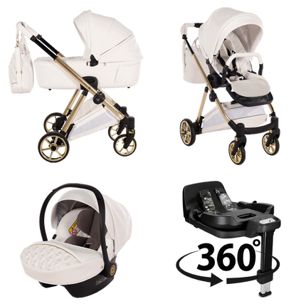 Junama Ellegante Art Deco (Bela): voziček; košara; sedež; otroški avtosedež, v ujemajoči se barvi; podstavek ISOFIX (360°)