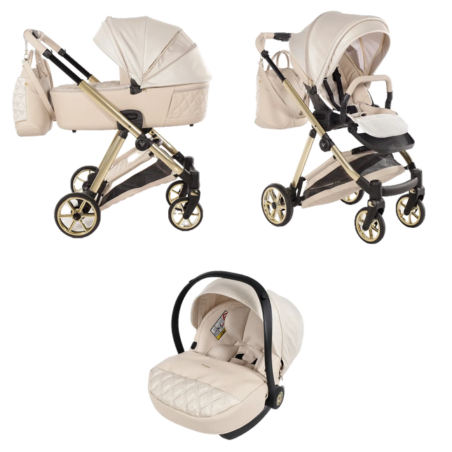 Junama Ellegante Lame Beige stroller in carrycot and seat configurations with matching car seat