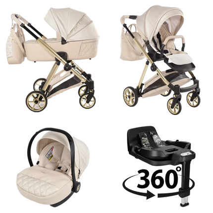 Junama Ellegante Lame Beige stroller in carrycot and seat configurations with matching car seat and 360-degree rotating ISOFIX base