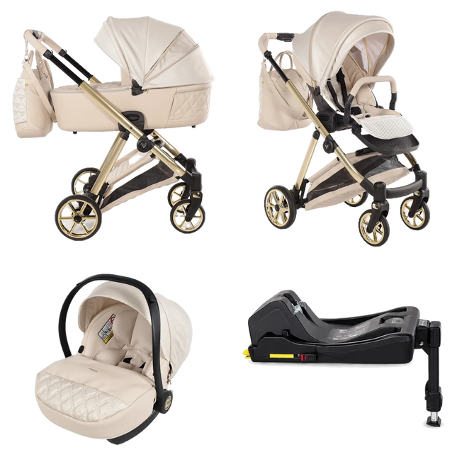 Junama Ellegante Lame Beige stroller in carrycot and seat configurations with matching car seat and ISOFIX base