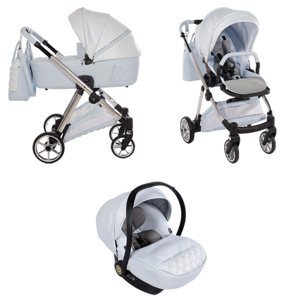 Junama Ellegante Lame Blue stroller in carrycot and seat configurations with matching car seat