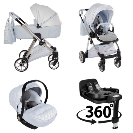 Junama Ellegante Lame Blue stroller in carrycot and seat configurations with matching car seat and 360-degree rotating ISOFIX base