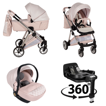 Junama Ellegante Lame Pink stroller in carrycot and seat configurations with matching car seat and 360-degree rotating ISOFIX base