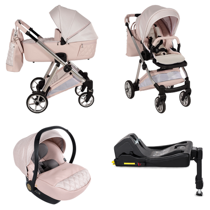 Junama Ellegante Lame Pink stroller in carrycot and seat configurations with matching car seat and ISOFIX base