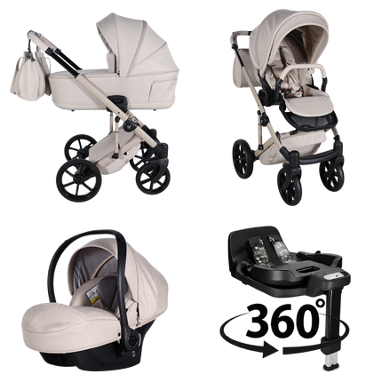 Junama Ellegante Termo Beige stroller in carrycot and seat configurations with matching car seat and 360-degree rotating ISOFIX base