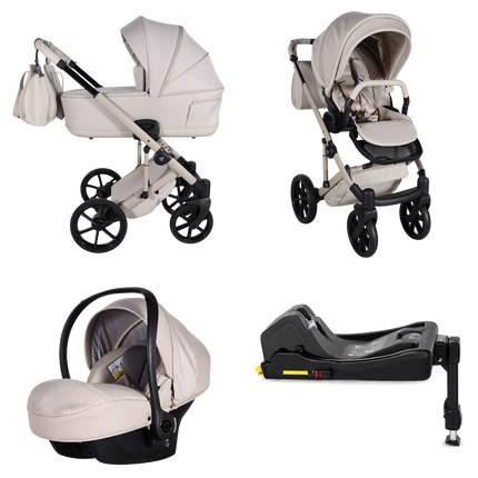 Junama Ellegante Termo Beige stroller in carrycot and seat configurations with matching car seat and ISOFIX base