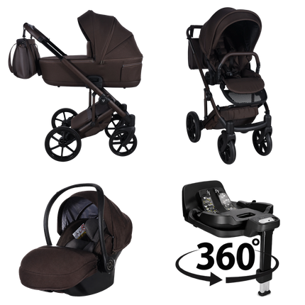 Junama Ellegante Termo Chocolate stroller in carrycot and seat configurations with matching car seat and 360-degree rotating ISOFIX base