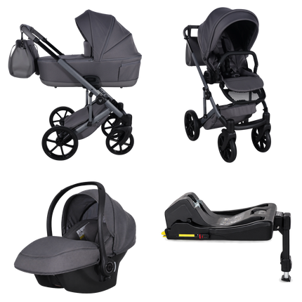 Junama Ellegante Termo Gray stroller in carrycot and seat configurations with matching car seat and ISOFIX base