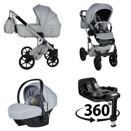 Junama Ellegante Termo Sage stroller in carrycot and seat configurations with matching car seat and 360-degree rotating ISOFIX base