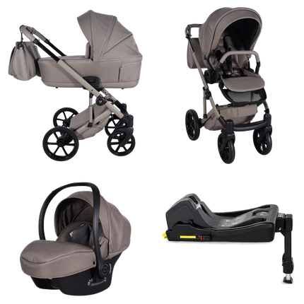 Junama Ellegante Termo Taupe stroller in carrycot and seat configurations with matching car seat and ISOFIX base