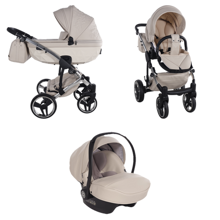Junama ENZO Beige stroller in carrycot and seat configurations with matching car seat