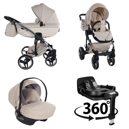 Junama ENZO Beige stroller in carrycot and seat configurations with matching car seat and 360-degree rotating ISOFIX base