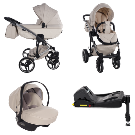 Junama ENZO Beige stroller in carrycot and seat configurations with matching car seat and ISOFIX base