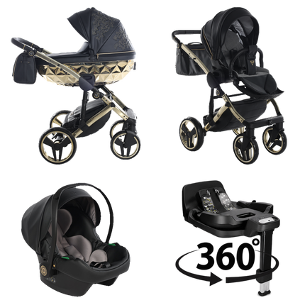 Junama ENZO Black and Gold stroller in carrycot and seat configurations with matching car seat and 360-degree rotating ISOFIX base