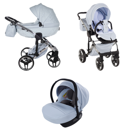 Junama ENZO Blue stroller in carrycot and seat configurations with matching car seat