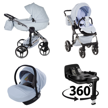 Junama ENZO Blue stroller in carrycot and seat configurations with matching car seat and 360-degree rotating ISOFIX base