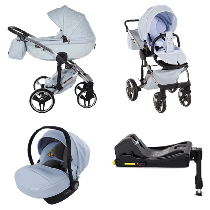Junama ENZO Blue stroller in carrycot and seat configurations with matching car seat and ISOFIX base