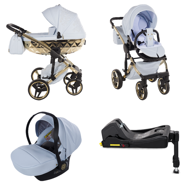 Junama ENZO Gold and Blue stroller in carrycot and seat configurations with matching car seat and ISOFIX base