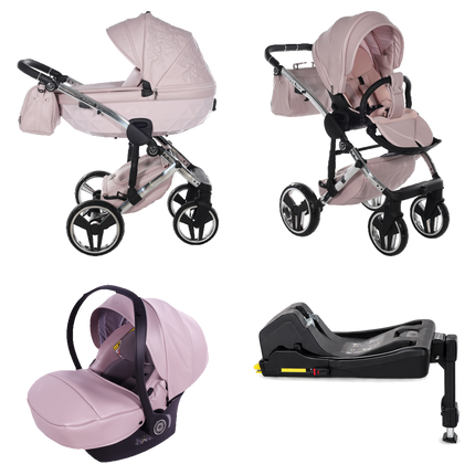 Junama ENZO Pink stroller in carrycot and seat configurations with matching car seat and ISOFIX base
