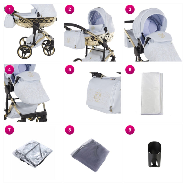 Junama Enzo Stroller Gold and Blue 2 IN 1 what's included