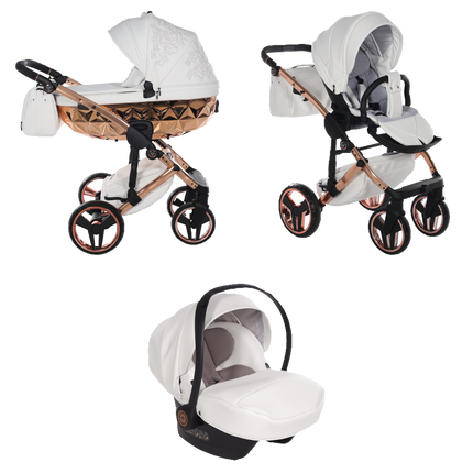 Junama ENZO White and Copper stroller in carrycot and seat configurations with matching car seat