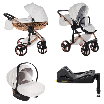 Junama ENZO White and Copper stroller in carrycot and seat configurations with matching car seat and ISOFIX base