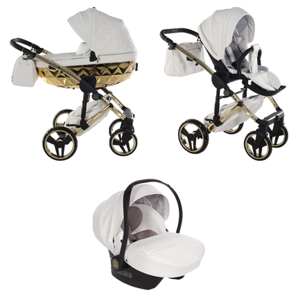 Junama ENZO White and Gold stroller in carrycot and seat configurations with matching car seat