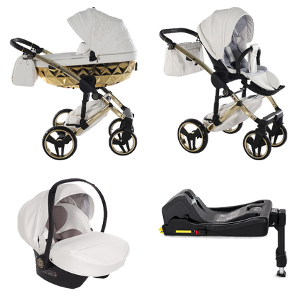 Junama ENZO White and Gold stroller in carrycot and seat configurations with matching car seat and ISOFIX base