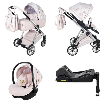 Junama Fleur Pink stroller in carrycot and seat configurations with car seat and ISOFIX base