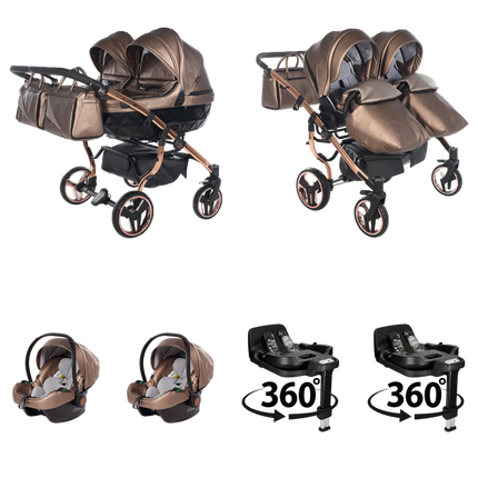 Junama Fluo Duo Brown 4 IN 1 package with two car seats and two 360° rotating ISOFIX bases