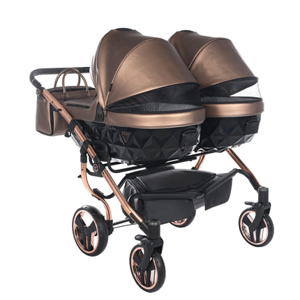 Junama Fluo Duo Brown side-by-side double stroller with two carrycots / bassinets