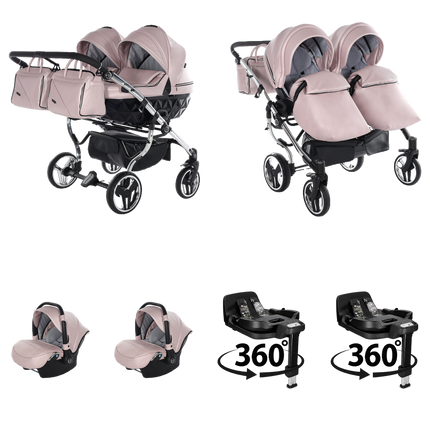 Junama Fluo Duo Pink 4 IN 1 package with two car seats and two 360° rotating ISOFIX bases