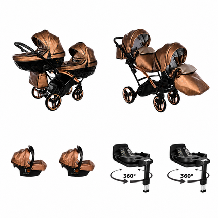 Junama Fluo Duo Slim Brown 4 in 1 package with two infant car seats and two 360 rotating ISOFIX bases