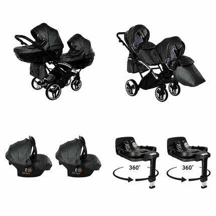 Junama Fluo Duo Slim Gray 4 in 1 package with two infant car seats and two 360 rotating ISOFIX bases